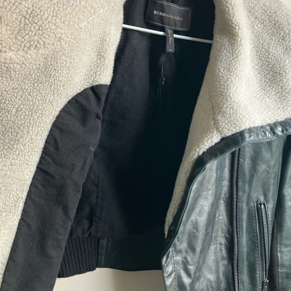 BCBGMaxAzria Green Leather Jacket with Wool Collar - Picture 10 of 12